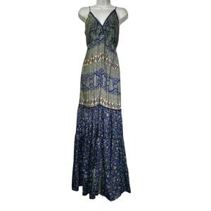 Anthropologie RAGA Sapphire Blue Paisley Floral Tiered Maxi Dress Womens Size L